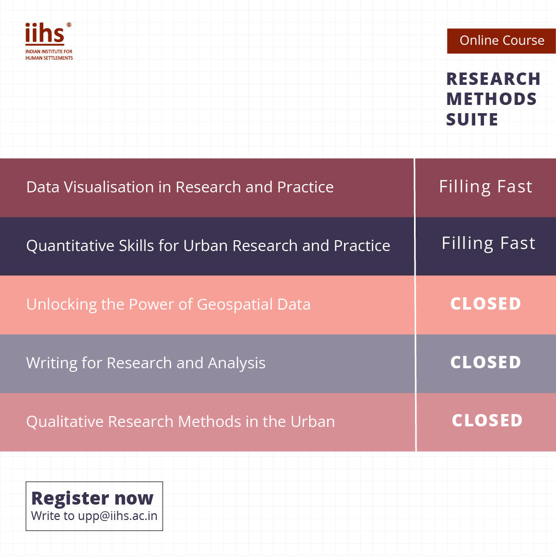 Three courses offered in the IIHS Research Methods Suite are booked out and closed for registrations. Seats are filling fast for:  

- Data Visualisation in Research and Practice 
- Quantitative Skills for Urban Research and Practice  

Register now: bit.ly/3V6z2rI