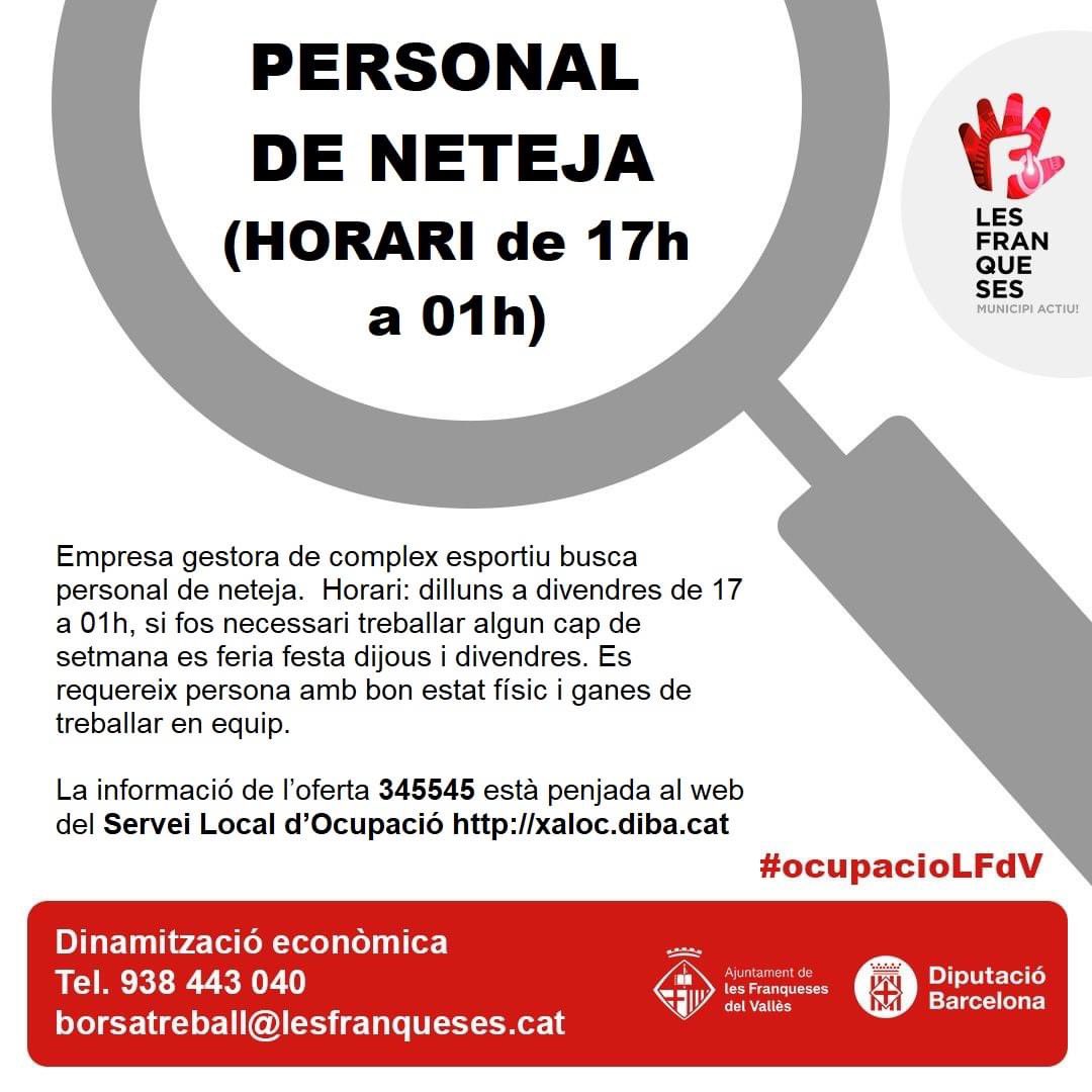 Tenim nova oferta de feina, si creus que et poden interessar, truca al telèfon 938 443 040 o escriu a borsatreball@lesfranqueses.cat 
#OcupacioLFdV #LesFranqueses #SomDeLesFranqueses #seguim #jxlf
<a href="/FranCOLOME/">Francesc Colomé</a>