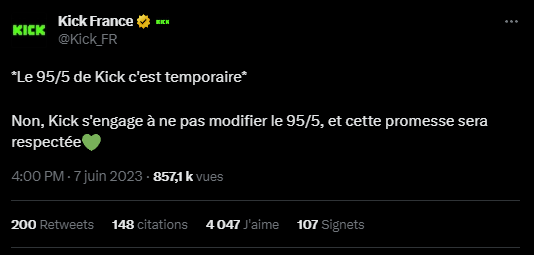 Kick nous en dit plus sur son programme de rémunération !

- 16$/heure sur une base tarifaire hebdomadaire
- uniquement si le streamer est visible, réveillé et en interaction avec son chat
- le streamer percevra 95% des subs