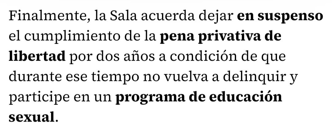 CristianBilba12's tweet photo. Condenado por violación pero no irá a la cárcel con la condición de no volver a delinquir en dos años y hacer un curso de educación sexual.

Espero que si ella o alguien cercano, como venganza, se la corta, le prohiban cortar más penes en dos años y un curso de poda y jardinería. https://t.co/1KQsIqZNMM