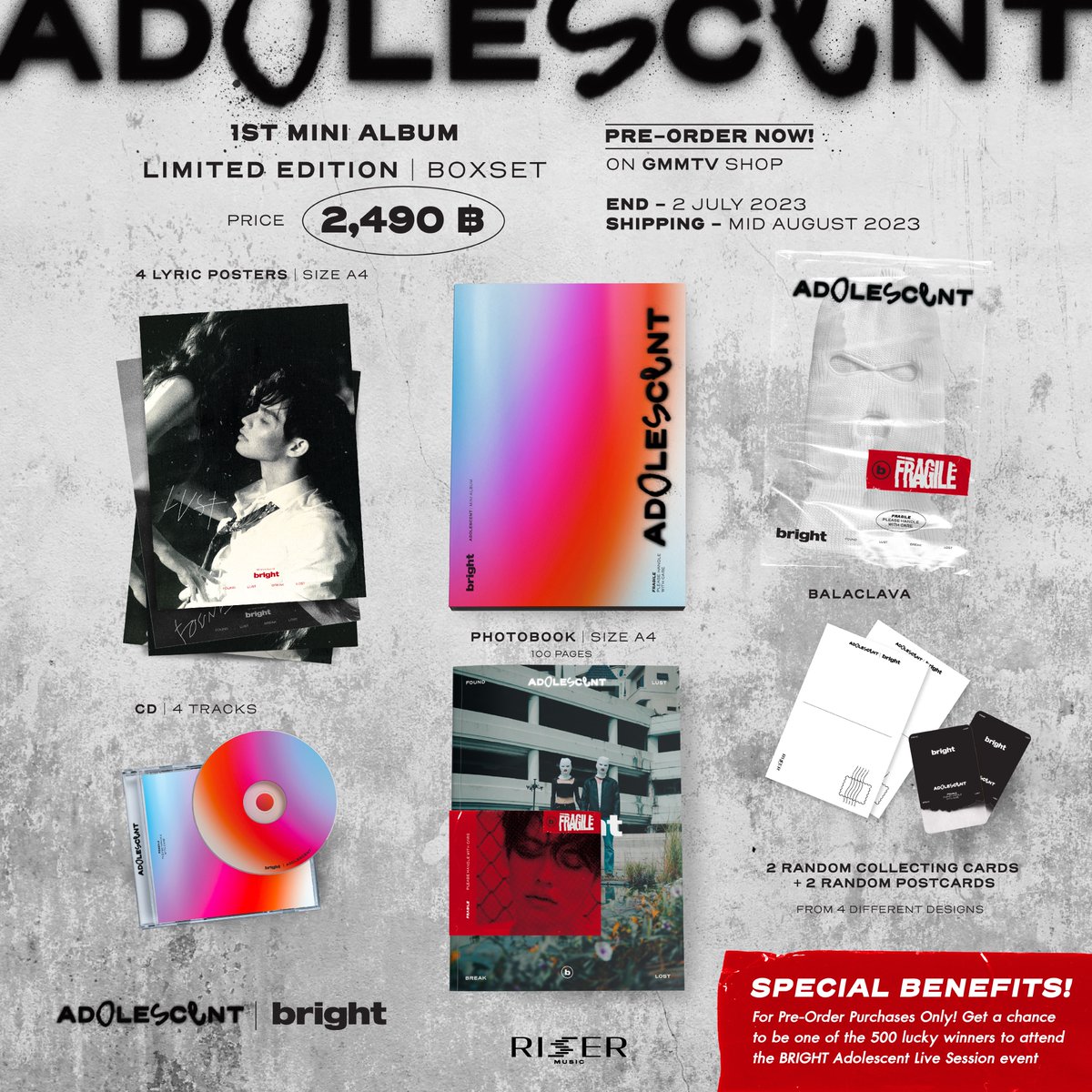 ADOLESCENT 1ST MINI ALBUM LIMITED EDITION BOXSET

PRE-ORDER ON GMMTV SHOP
gmm-tv.com/shop/adolescen…

Pre-order opens now until July 2, 2023.
All purchase orders will be shipped sequentially starting from early August 2023.

#ADOLESCENTMINIALBUM
#bbrightvc
#RISERMUSIC