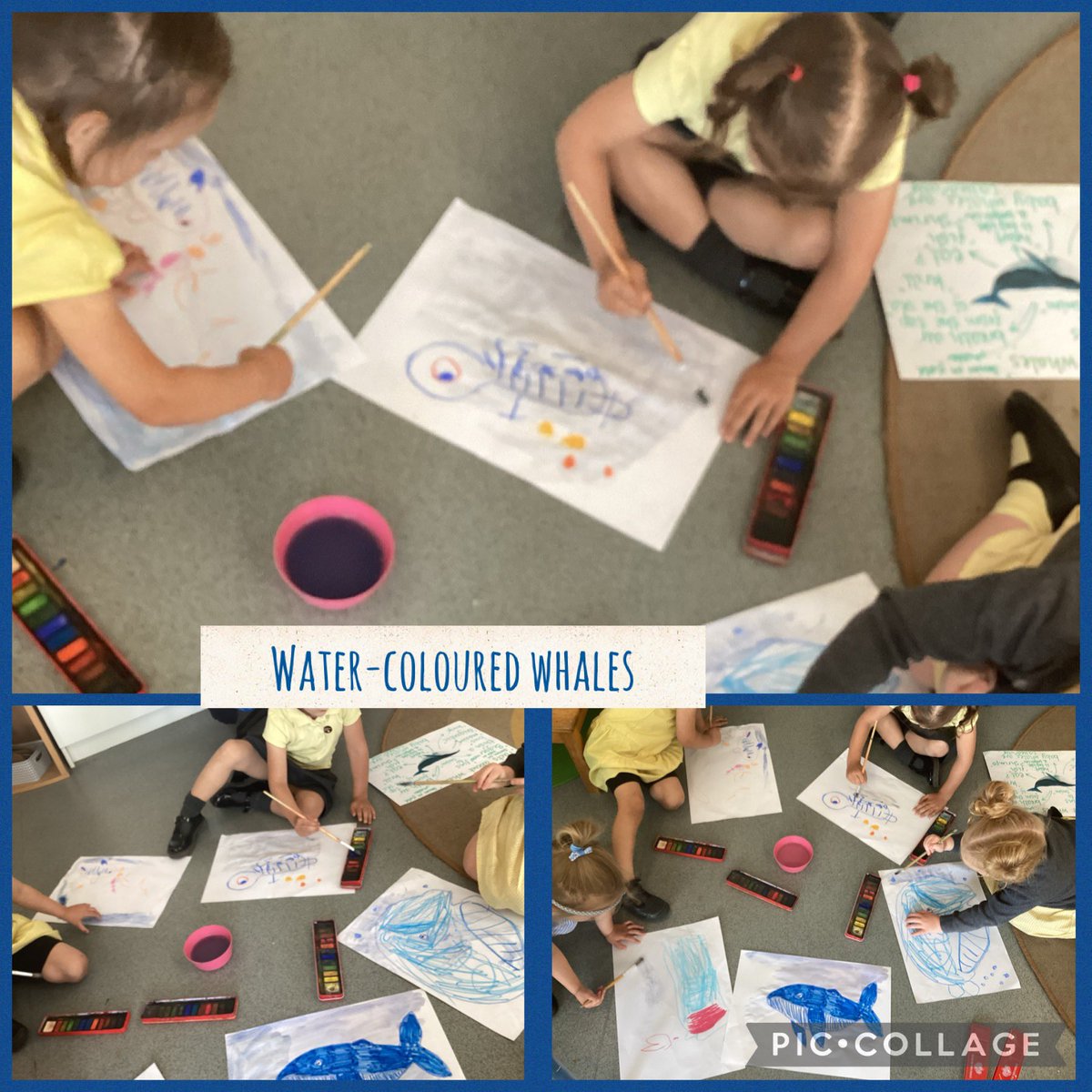 WATERCOLOURS 💦 🎨 
Enhancing our drawings by adding a water coloured ocean 
#expressiveartanddesign #eyfs #thesnailandthewhale #weareartists