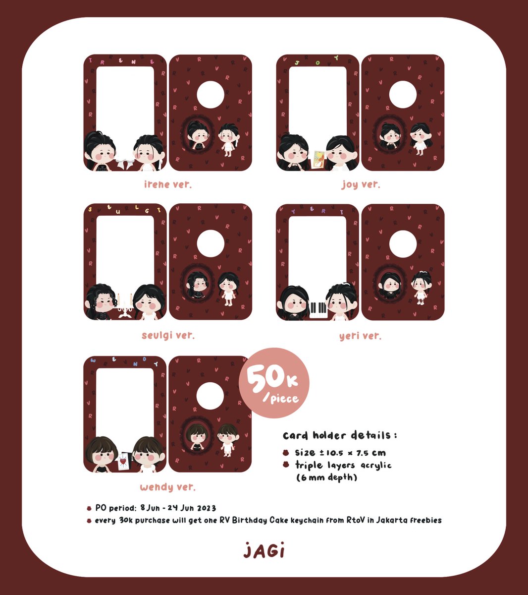 studiojagi's tweet photo. [RTs are appreciated]

𓂃୭❤️ Red Velvet RtoV Concert Series Pre-Order By Studio Jagi🖤ಌ

1. Keychain
💸 30k/piece
🧾 DP 15k

2. Sticker
💸 15k/piece
🧾 DP 7.5k

3. Card Holder/Cahol
💸 50k/piece
🧾 DP 25k

🗓️ PO Period: 8 - 24 Jun 2023

📝 Order Form: https://t.co/F0Yov6a6mB https://t.co/wLGfhZwDrQ