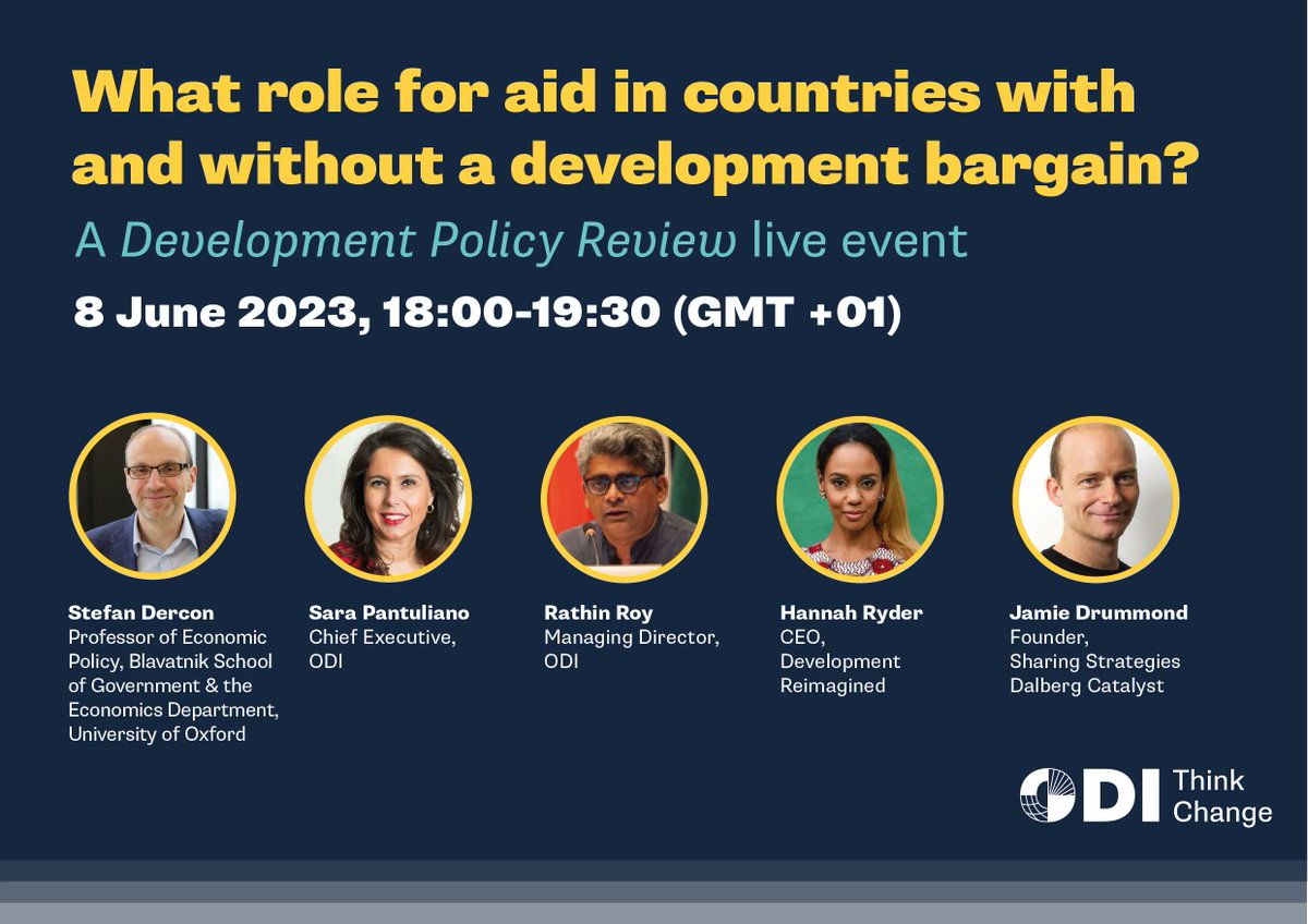 Today at 18:00 GMT+1 ⏰ Foreign aid matters less to lower income countries' development than rich donor countries think, says Stefan Dercon's @gamblingondev. Join us as Stefan debates the role of aid w/@hmryder @EmergingRoy @DrumJamie & @SaraPantuliano: buff.ly/3OVBQXH