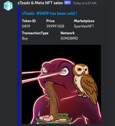 xToadz's tweet photo. Sales Bot active this morning! 4 owls sold for 39.9k $SGB each  😱🔥 

#Flare #Songbird #sToadz https://t.co/YrAGhkXPGQ