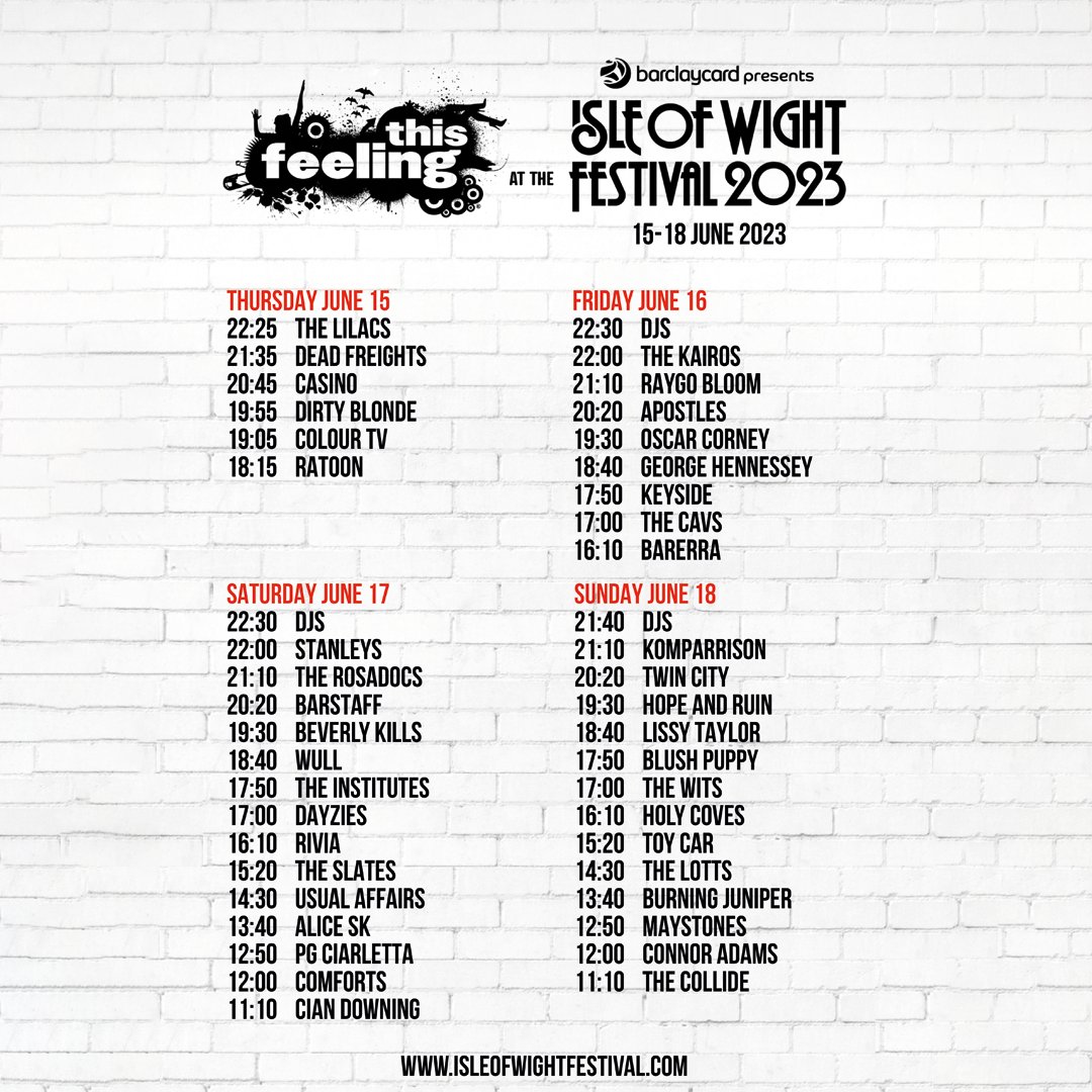IOW STAGE TIMES ⏰🎪

Catch us live at 8:20pm on Saturday 17th June on the @This_Feeling stage @IsleOfWightFest

We’ve a few new songs you can’t miss out on 😉

Grab a drink and come party with us 🎉

LIMITED TICKETS AVAILABLE, link in bio 🔥

#BarclaycardxIOW #IOW2023