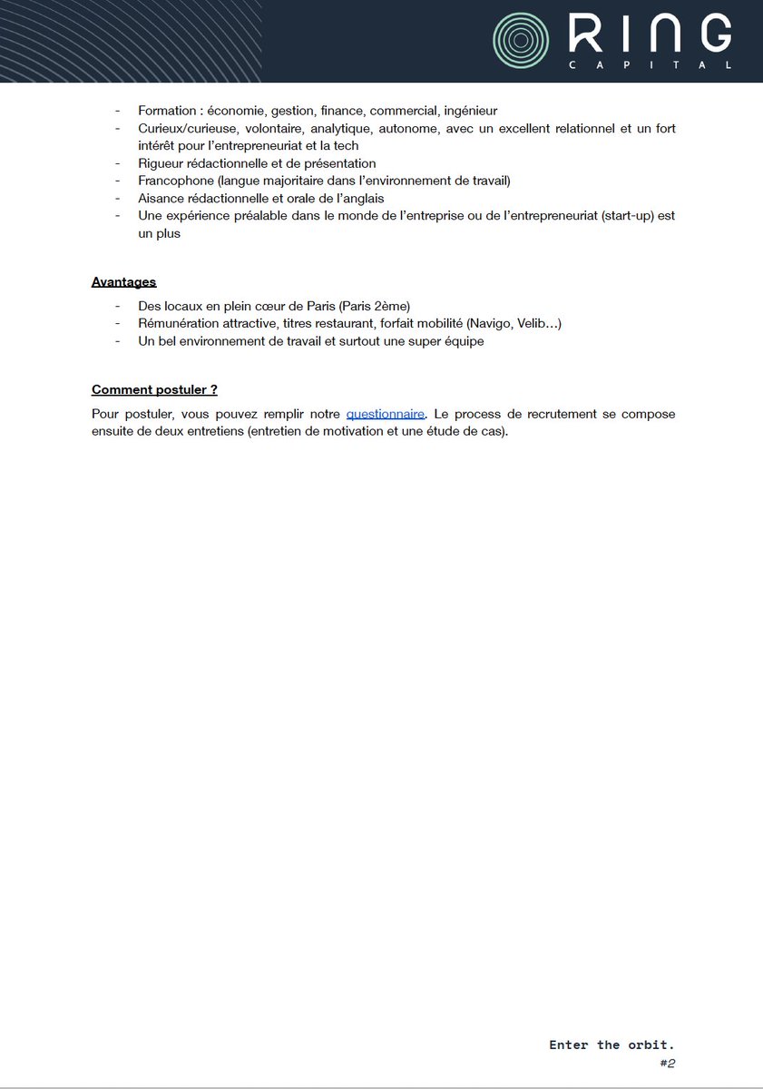 🌱 Opportunité de stage chez Ring Capital (Septembre / Octobre 2023)

Nous recherchons un/une Analyste VC pour contribuer à notre mission d'investir dans des startups qui adressent les grands enjeux sociaux et environnementaux de notre époque : 

ringcapital.typeform.com/to/L2I59bTs