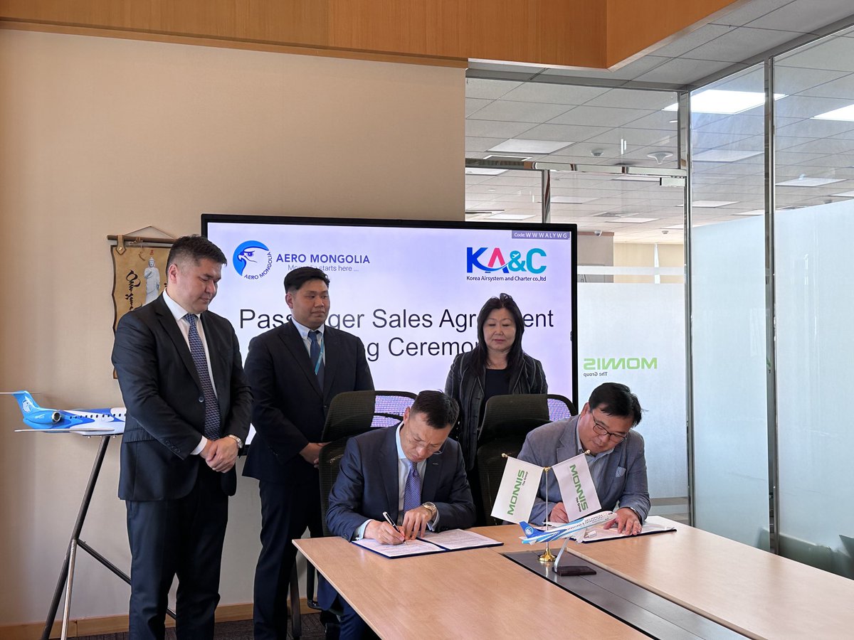 Аэро Монголиа компани ⁦<a href="/AeroMGL/">AeroMongolia</a>⁩ маань Улаанбаатар-Сөүл чиглэлийн хуваарьт нислэгээ эхлүүлэх бэлтгэл ажлынхаа хүрээнд Солонгос улсад тийз борлуулах анхны гэрээт компани болох Korea Airsystem&amp;Charter компанитай PSA гэрээ байгууллаа #AeroMongolia #ICN #Monnis