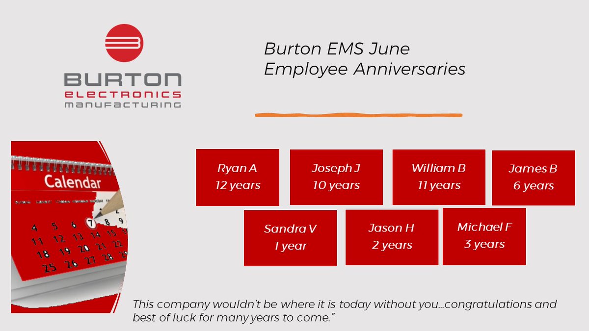 Starting off the summer with June anniversaries! Thank you for all that you do!
#burtonems #electronicmanufacturing #contractmanufacturer