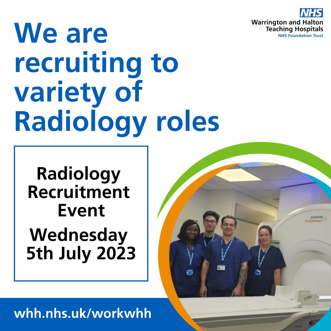 Come along to our Radiology recruitment event on 5 July in the Radiology Department, Captain Sir Tom Moore Building, Hospital Way, Runcorn, WA7 2DA, 4-7pm 💼

We are recruiting to a variety of Radiology roles. 

For more info &amp; to book your space visit ow.ly/tyjy50OEiuS