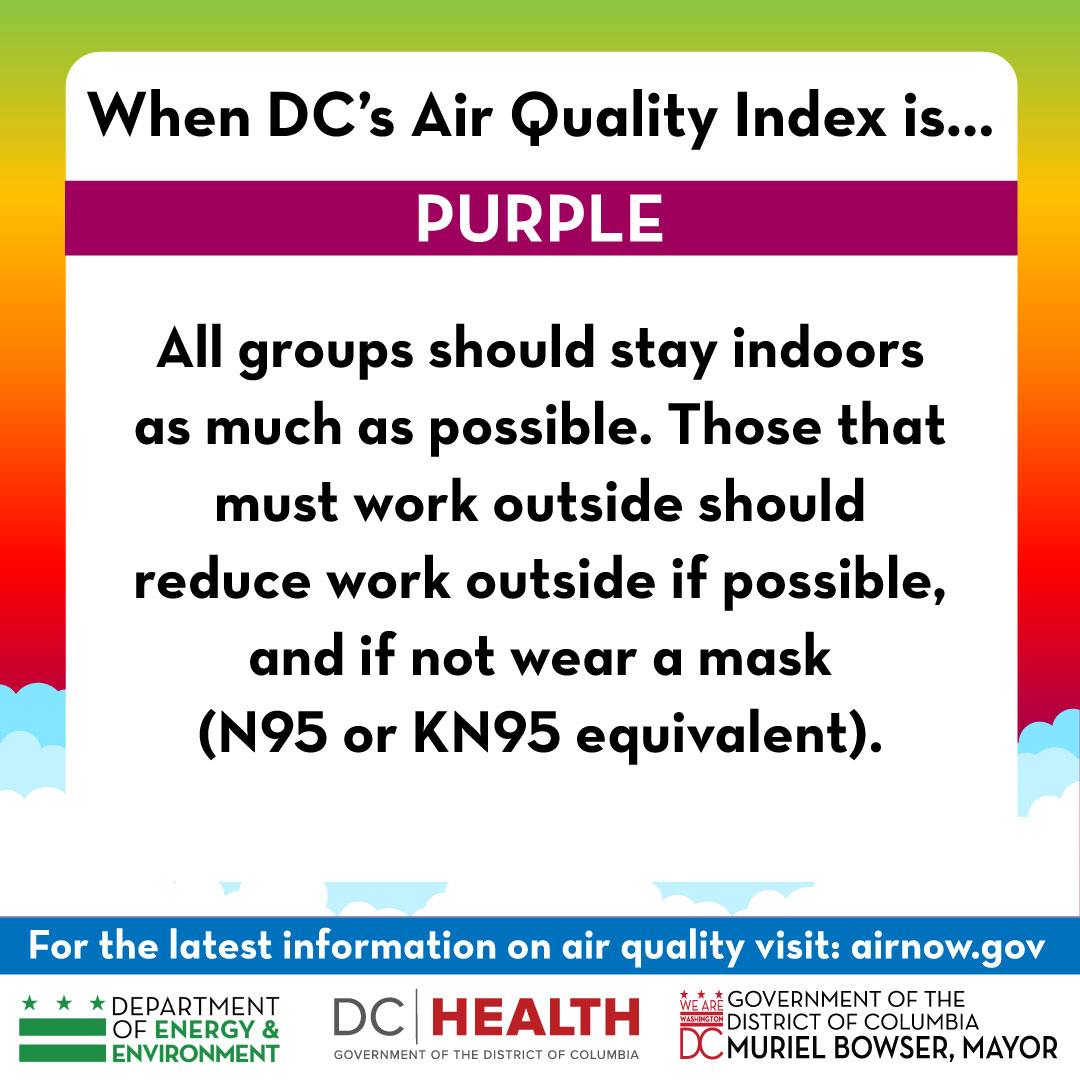 A Code Purple air quality alert has been issued for DC today, June 8. During a Code Purple alert, the air quality is very unhealthy. Residents are encouraged to take the following precautions and visit airnow.gov for the latest air quality data. 1/2