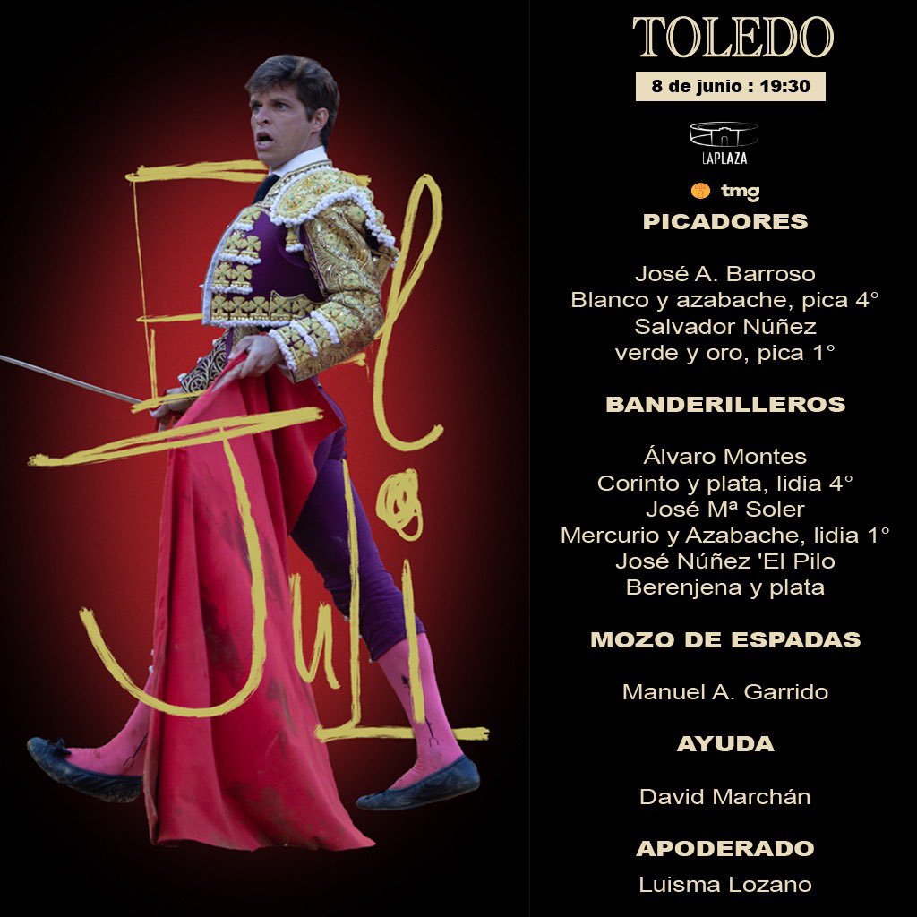 Toledo_Toros's tweet photo. 📄 CUADRILLAS para hoy en TOLEDO

⚔️ @infoElJuli - @RocaRey - @InfoTomasRufo 

🎟️ Taquillas de la plaza abiertas y venta online en https://t.co/NFQCGTGQoU https://t.co/Y1RoBLvOb2