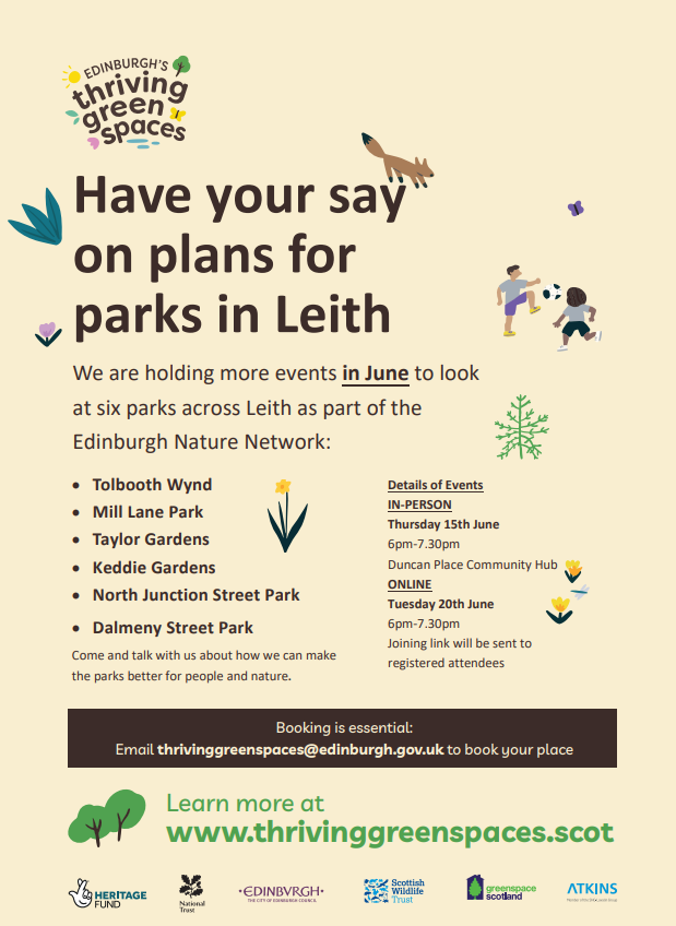 🌿There's still time to sign up for our final events looking at the 6 parks in Leith!

🌳We are holding more events with updated designs and would love you to come along and have your say!   

📷Book on by emailing thrivinggreenspaces@edinburgh.gov.uk