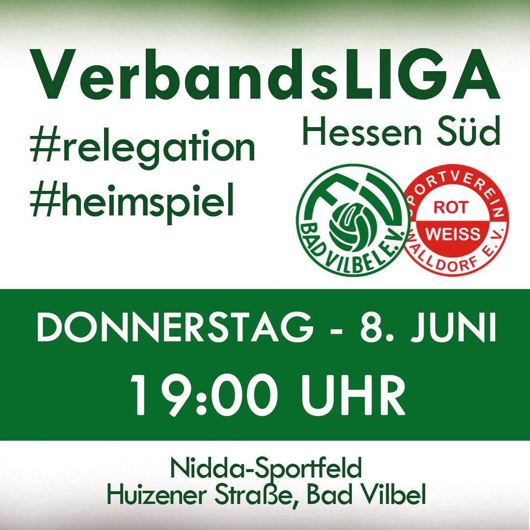 Heute gilt es! Jetzt heißt es alle Kräfte bündeln und gemeinsam alles geben für den Klassenerhalt.

Um 19:00 Uhr ist im Halbfinal-Hinspiel der Relegation RW Walldorf 2 zu Gast in Bad Vilbel.

Auf geht's!

#FVBV #badvilbel #gruenweiss #verbandsliga #relegation