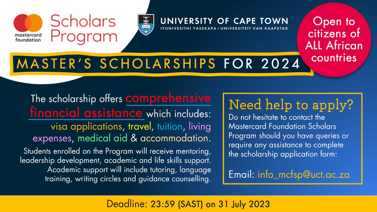 Time to apply is running out! The <a href="/MastercardFdn/">Mastercard Foundation</a> Scholars Program provides scholarships to academically talented young Africans to pursue a master's degree <a href="/UCT_news/">UCT</a>. More info: bit.ly/mcfsp23 | <a href="/MCFSP_UCT/">MCFScholarsUCT</a>