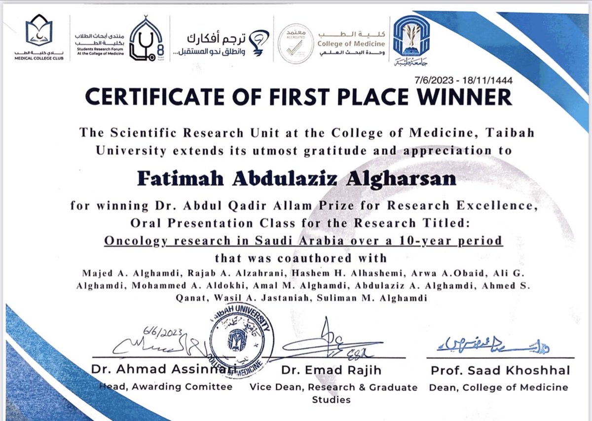BahaUniversity's tweet photo. #تهنئة | تتقدم  #جامعة_الباحة  بخالص التهنئة والتبريكات لـ  الطالبة : فاطمة عبدالعزيز الغرسان #كلية_الطب " السنة الدراسية السادسة " بمناسبة حصولها على جائزة المركز الأول للعروض التقديمية بملتقى الأبحاث الثامن الذي أقيم في كلية الطب في #جامعة_طيبة والذي شارك فيه ٦١٨ طالبا وطالبة من مختلف الجامعات السعودية . 
تهانينا ومزيد من التميز .