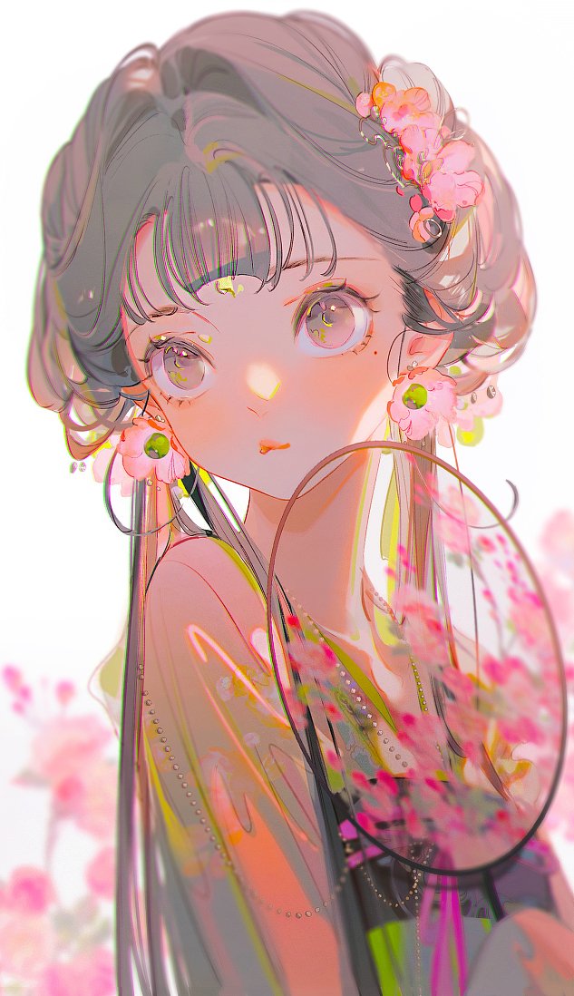 1girl solo flower pink flower jewelry long hair hair ornament  illustration images