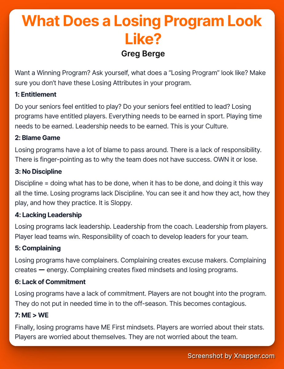 gb1121's tweet image. Want a Winning Program? 

Ask yourself, what does a “Losing Program” look like? 

Make sure you don’t have these Losing Attributes in your program.