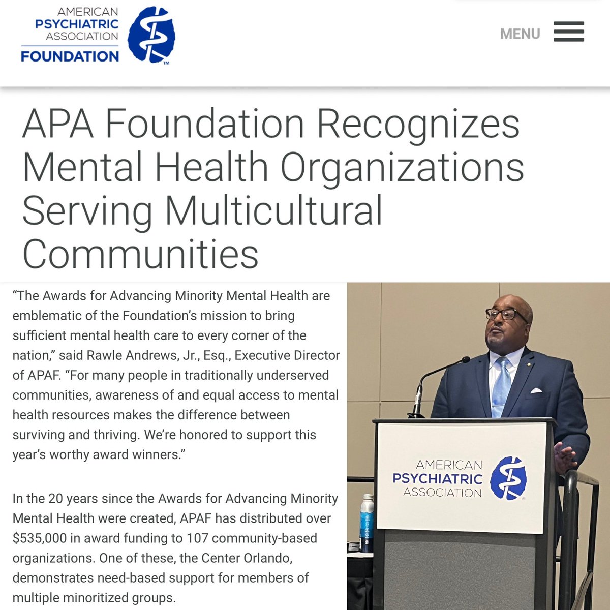 Congratulations to the 2023 honorees of Awards for Adv. Minority Mental Health: Neighbors'​ Consejo; South Asian Mental Health Initiative & Network; Assoc. House of Chicago; Amani Family Svc.;The Ctr. Orlando; The Achievable Fdn. #MentalHealthCareWorks #Juneteenth #APAFinAction