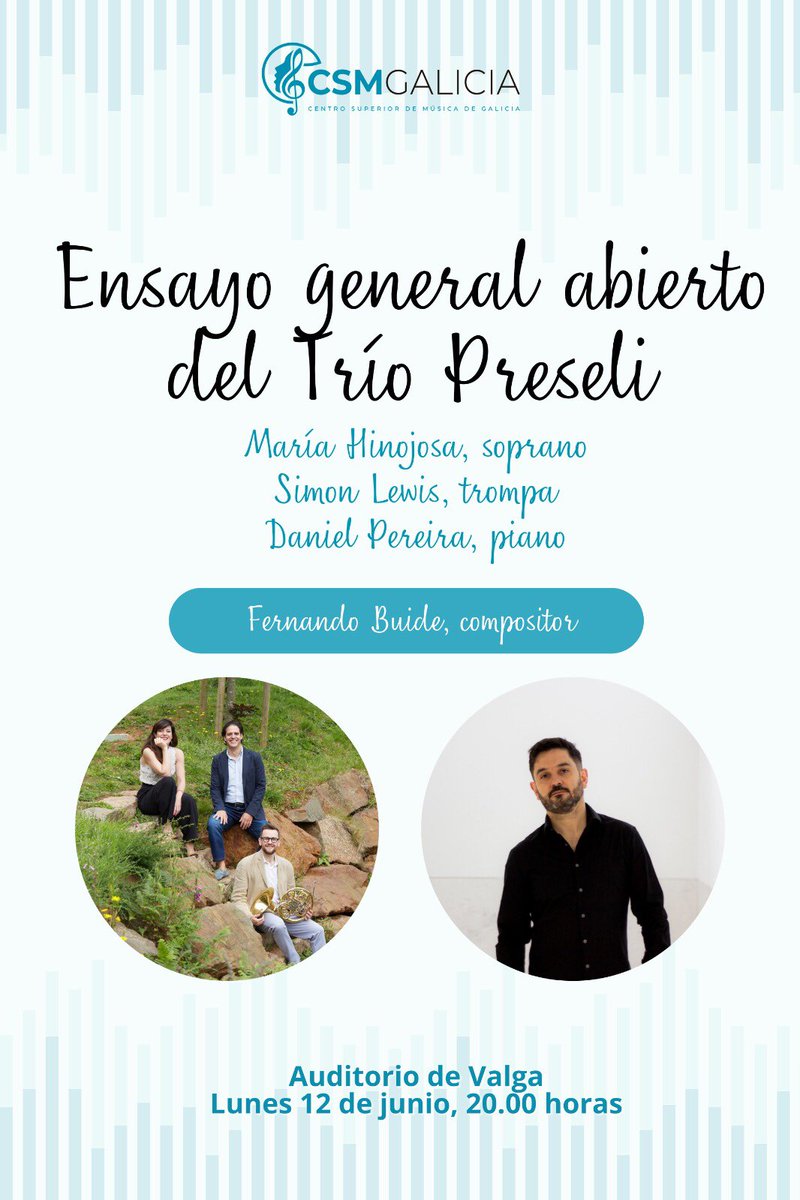 ✨Ensayo general abierto del Trío Preseli del estreno de Nao de sangue del compositor Fernando Buide✨

📅Lunes 12 de junio, a las 20.00 horas.
📍Auditorio de Valga.

Al finalizar el ensayo habrá un breve coloquio con intérpretes y compositor.

#CSMGalicia #música
