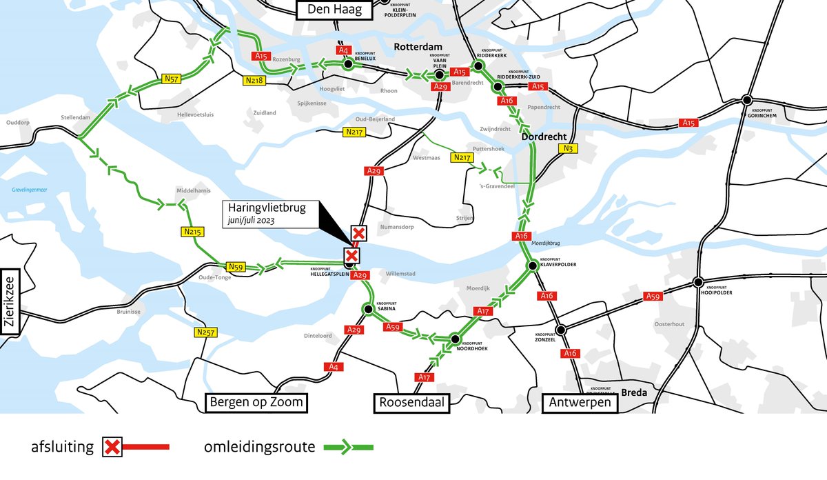 Je kan het bijna niet gemist hebben, maar de #Haringvlietbrug in de #A29 is van vrij 9 juni 22.00 tot vrij 4 augustus 2023 23.00 uur dicht voor al het verkeer. Autoverkeer wordt omgeleid, voor (brom)fietsers/voetgangers vaart er een pont:  bit.ly/43jwXvc