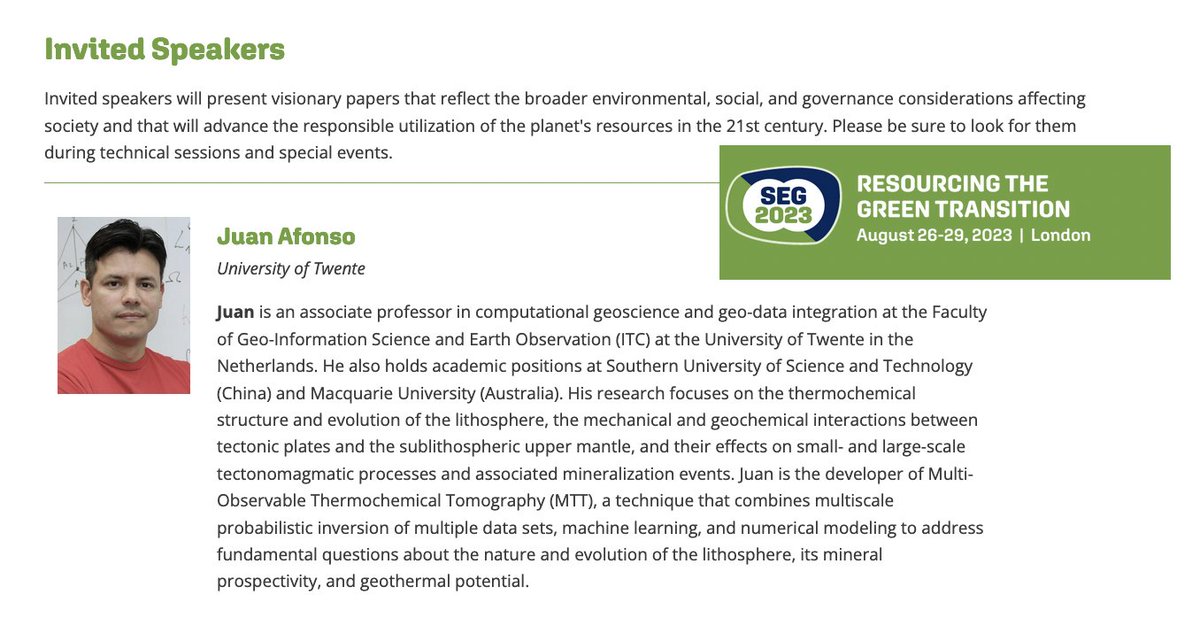 Applied Earth Sciences | University of Twente (@appliedearthsci) on Twitter photo Our own Juan Carlos Afonso <a href="/JuanAfonso12/">Juan Carlos Afonso</a> is part of a very cool line-up of invited speakers at the #SEG2023 conference 'Resourcing the Energy Transition'. He will be discussing new ways to look at the composition and prospectivity of the lithosphere.
segweb.org/SEG-2023/SEG-C… Our own Juan Carlos Afonso <a href="/JuanAfonso12/">Juan Carlos Afonso</a> is part of a very cool line-up of invited speakers at the #SEG2023 conference 'Resourcing the Energy Transition'. He will be discussing new ways to look at the composition and prospectivity of the lithosphere.
segweb.org/SEG-2023/SEG-C…