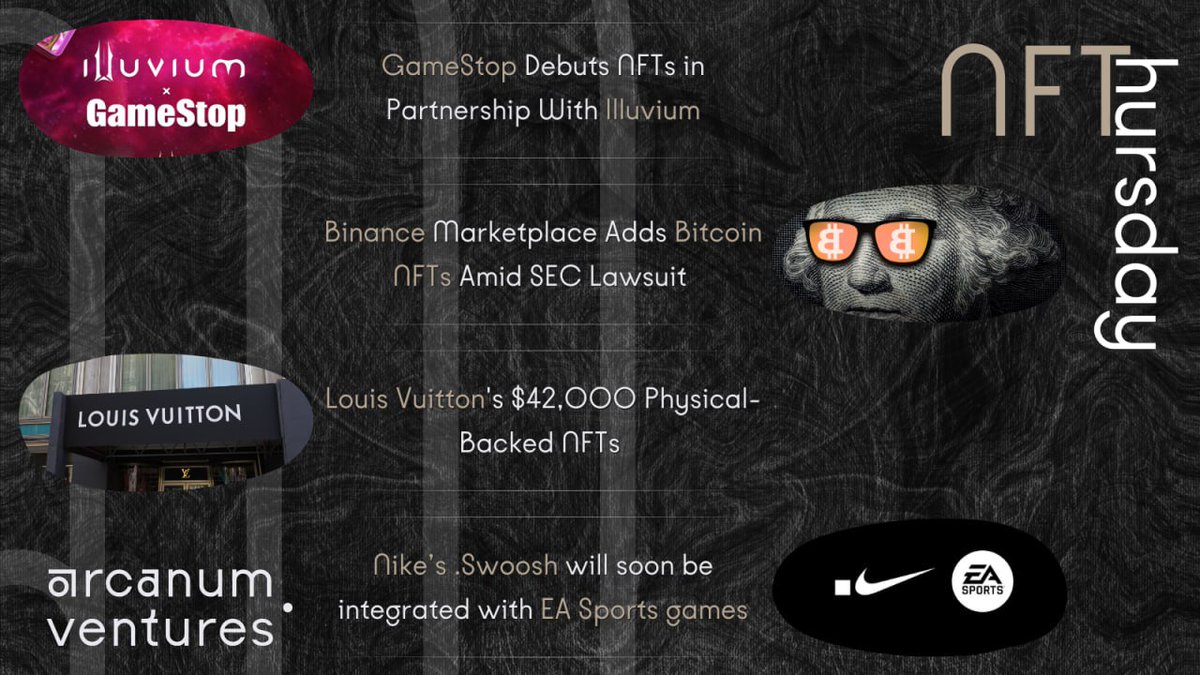 ArcanumVentures's tweet photo. Another week, another series of encouraging news events driving the #NFT space!
Join us for another NFThursday recap and see how real-world adoption of NFTs by major companies is continuing to drive web3 adoption! https://t.co/9LMyCBexWR