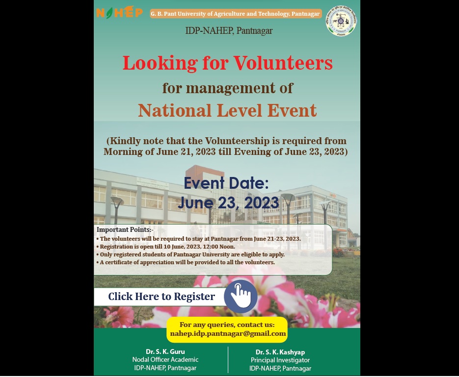 IDP_Pantnagar's tweet photo. IDP-NAHEP Pantnagar looking for volunteers for Management of National level Event 
Event Date: June 23, 2023
Registration Link: https://t.co/lS3Wm7Ud8O https://t.co/sTaaH2wBdt
