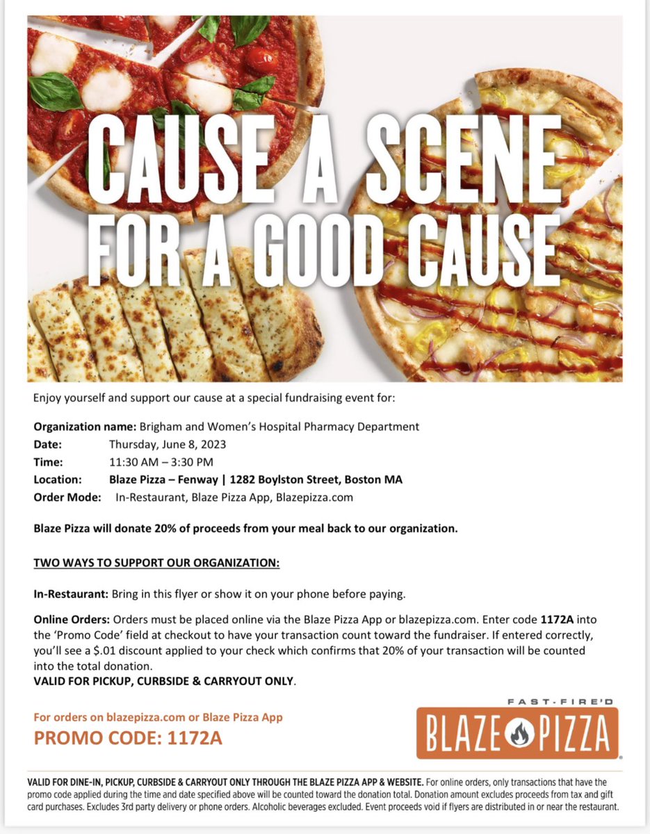 Join us in raising money for our 10K Team Running Out of Drugs by supporting our Blaze fundraiser! Order a pizza for pickup and use our promo code 1172A! 
 
Time: 11:30 AM – 3:30 PM 
Location: Blaze Pizza – Fenway | 1282 Boylston Street, Boston MA
