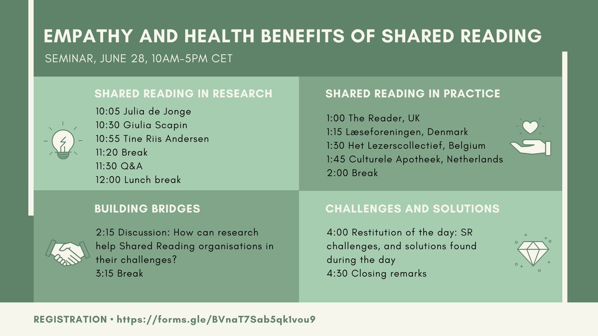 .@Giuli_Scapin, @riistine1 and I are organising a #seminar on Empathy and Health Benefits of #SharedReading.
Come join us to build bridges between Shared Reading practitioners and Shared Reading research! 
📍 June 28, 10-17h
Register at ✏️: forms.gle/BVnaT7Sab5qk1v…
(@Network_ELIT)