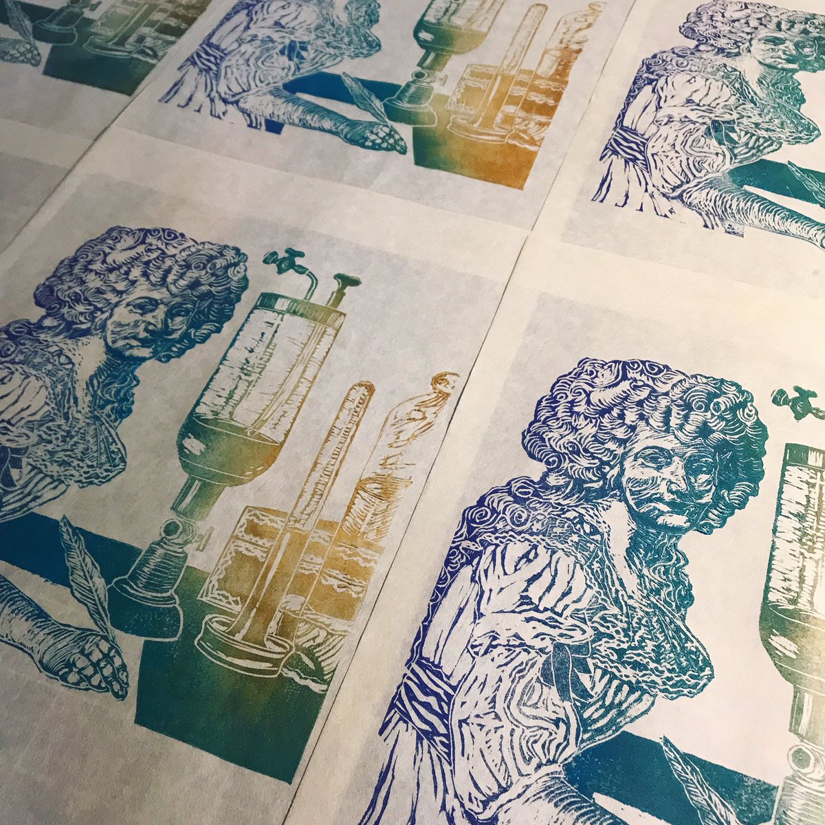 A collection of drying linocut portraits of Marie-Anne Paulze Lavoisier (1758-1836) with her quill in hand, documents the dawn of modern chemistry.

#histstm #womenInSTEM #chemistry #sciart #printmaking #linocut #printmaker #reliefPrint