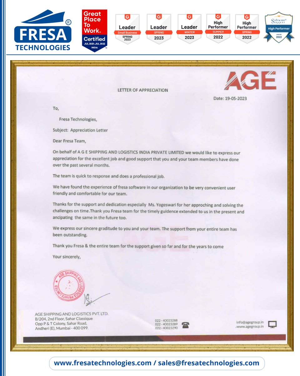 fresatechnology's tweet photo. Dear Fresa Team,

On behalf of AGE SHIPPING AND LOGISTICS INDIA PRIVATE LIMITED we would like to express our appreciation for the excellent job.

#fresa #ClientAppreciation #excellentjob #goodsupport #professionaljob #veryconvenient #userfriendly #AGESHIPPING https://t.co/24KeKSmAeA