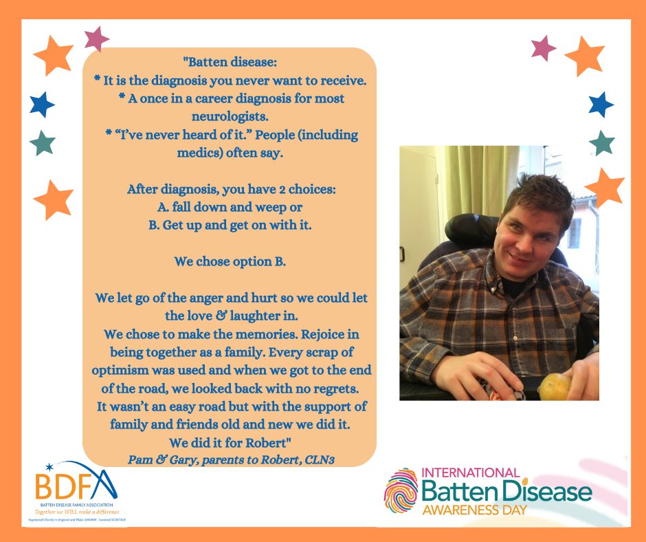 BattenDiseaseuk's tweet photo. In our next post for Awareness day, Pam and Gary tell us about their son Robert’s diagnosis with CLN3.

#battenday2023
#showusyourorange
#battenawareness
#bdfa
#battendisease
@BDSRA  @bdfabattendisease https://t.co/cI6kCG4V2u