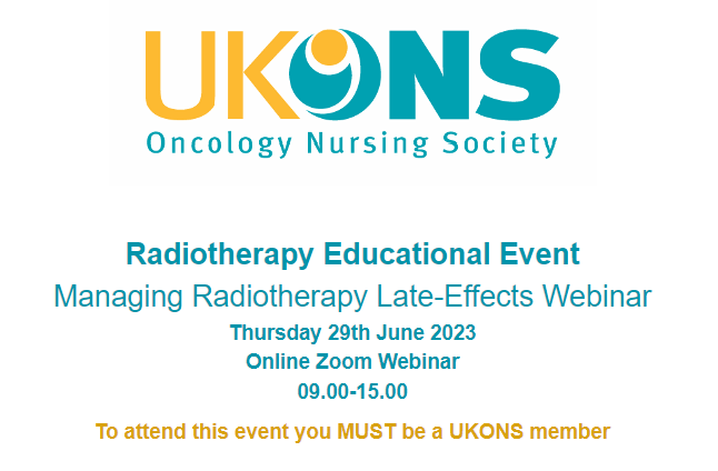UKONSmember's tweet photo. 📢UKONS RT MIG Free Educational Event 2023: 

"Radiotherapy Late Effects Webinar"
Thursday 29th June 2023, 09:00-15:00
ONLINE Zoom 
Chaired by: UKONS RT MIG Committee

Free to all UKONS members. To register: https://t.co/X2Ig1AeLCb https://t.co/hGMDAvS6J9