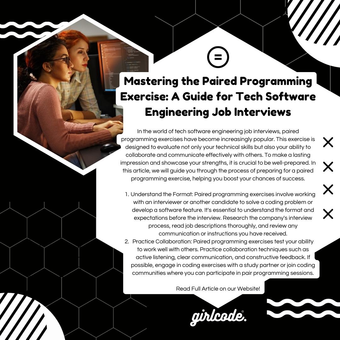 📖 Mastering the Paired Programming Exercise: A Guide for Tech Software Engineering Job Interviews -
lnkd.in/eemXfxRC
#Girlcode #WomenInTech #inspiration #softwareengineer #IWD #internationalwomansday #coding #softwaredeveloper #softwaredevelopment #codefirstgirls