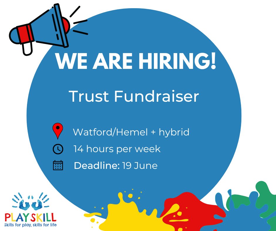 JOIN US! We're recruiting for four roles at Playskill. A chance to play an important part in changing the lives of local children and their families. Find out more at playskill.org/jobs 
#charityjobs #localcharity #makeadifference #fundraisingjobs #hertfordshirejobs
