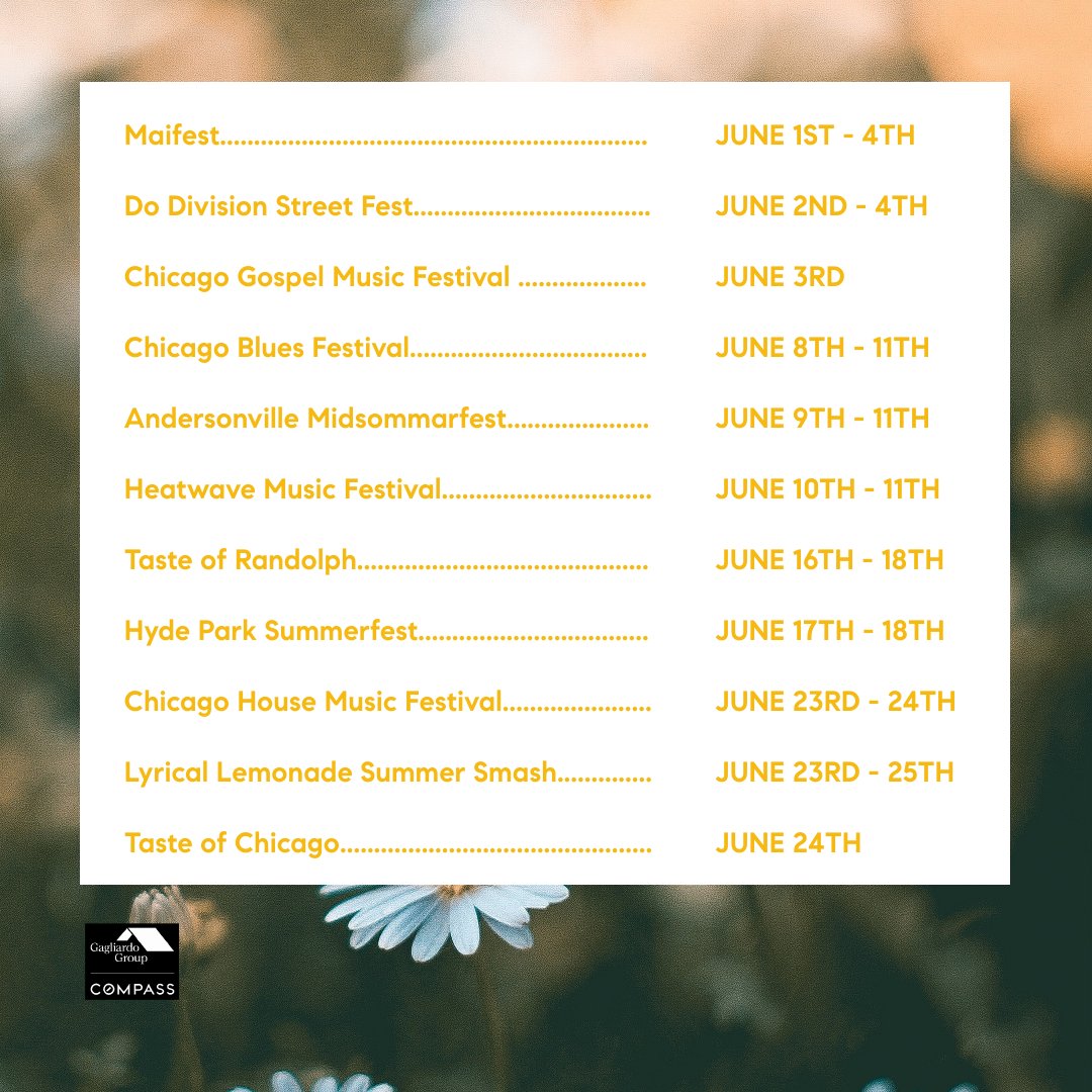 More June activities are coming your way ☀️🌴🏖️🍉⛵🌷🩴

#gagliardogroup #compasschicago #junefestivals #chicagoevents #funthingstodointhecity #familytime #friendtime #chicagoactivties