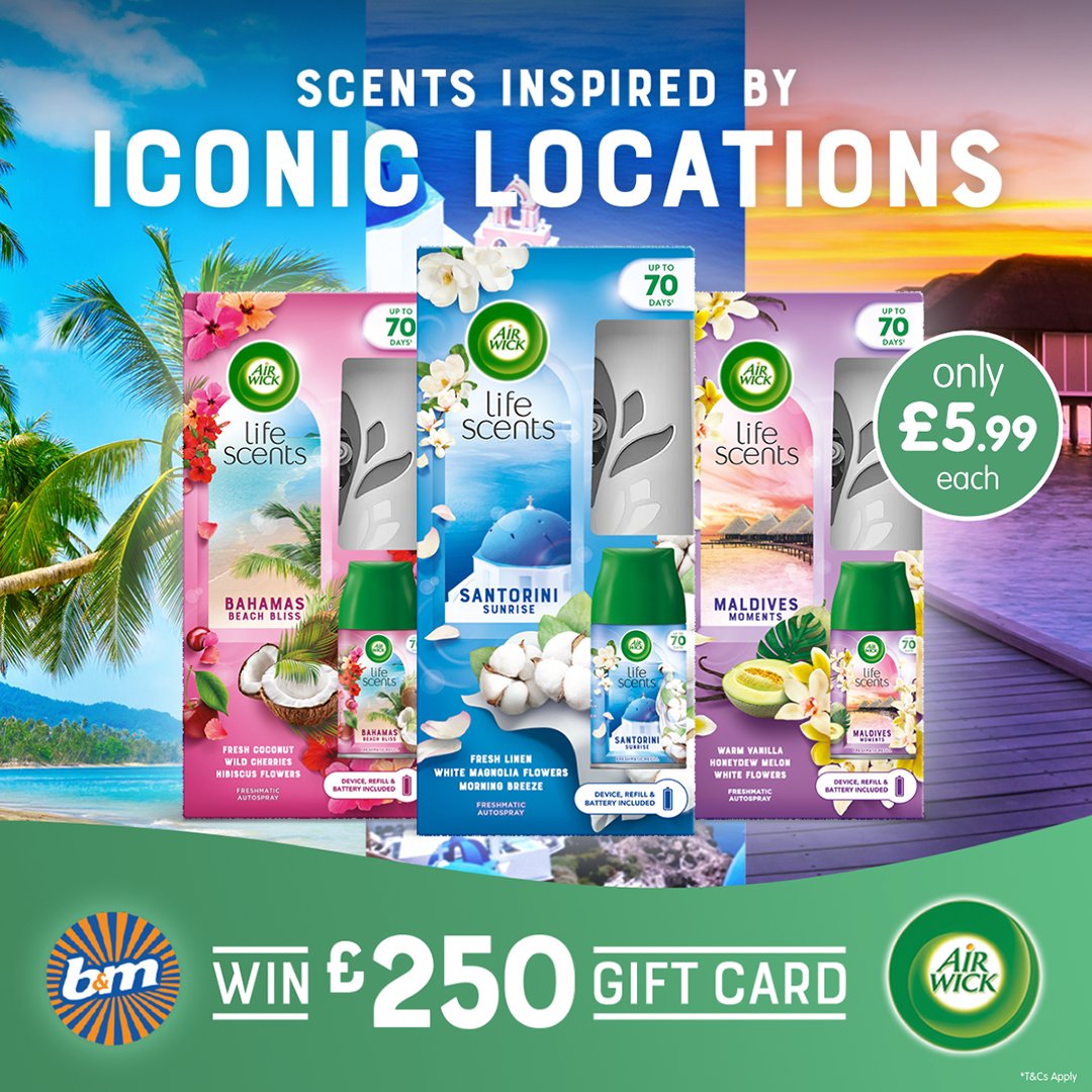 #COMPETITION

#AirWick have 3 #LifeScents inspired by iconic locations!

To celebrate, we're giving ONE winner a chance to #WIN a £250 B&amp;M gift card!

For a chance to win

1) FLW
2) RT
3) COMMENT which you'd pick; #Bahamas, #Santorini or # Maldives

Ends 9am 15/6/23

*T&amp;C's apply