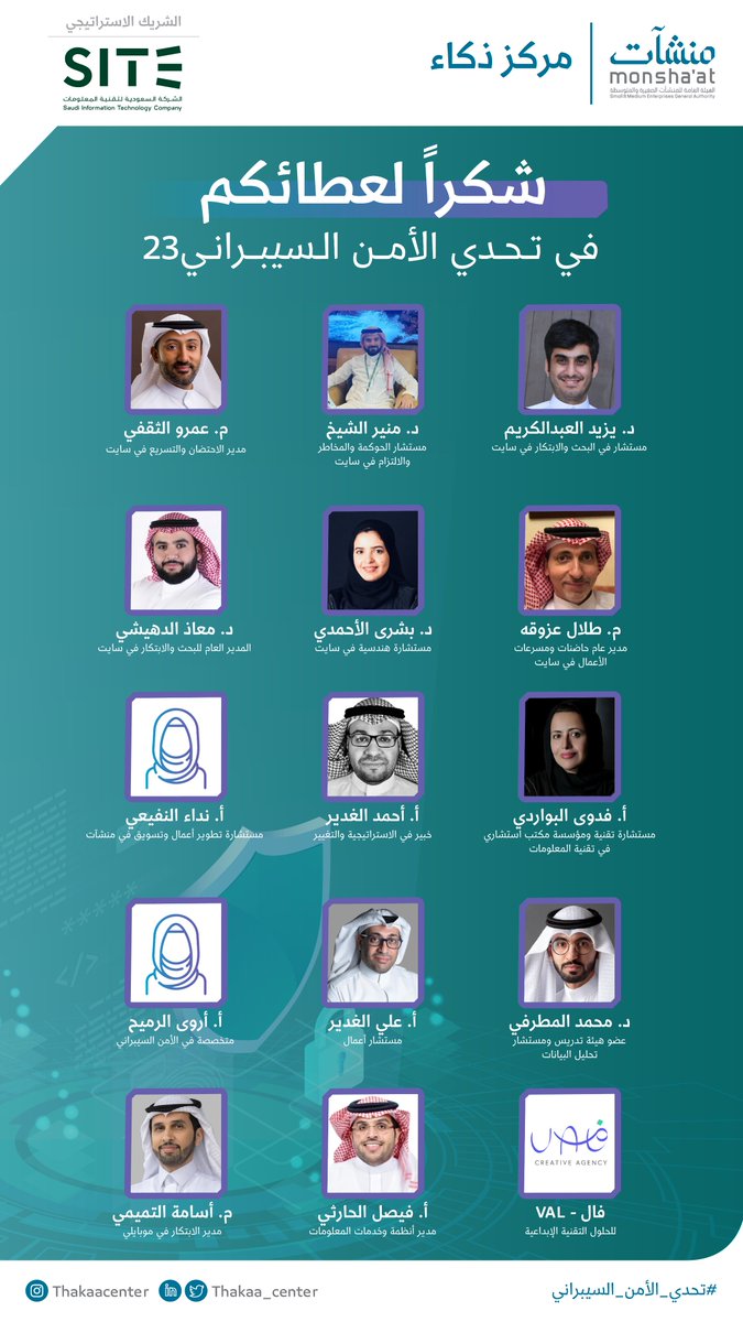 InnovationC_sa's tweet photo. نشكر جميع المرشدين المساهمين بدعم الفرق المشاركة في #تحدي_الأمن_السيب��اني بالشراكة الاستراتيجية مع @site_saudi، متمنّين لهم عطاءً مستمرّاً في عالم التقنية والابتكار. 
#مركز_ذكاء https://t.co/lbY0AKfNI2