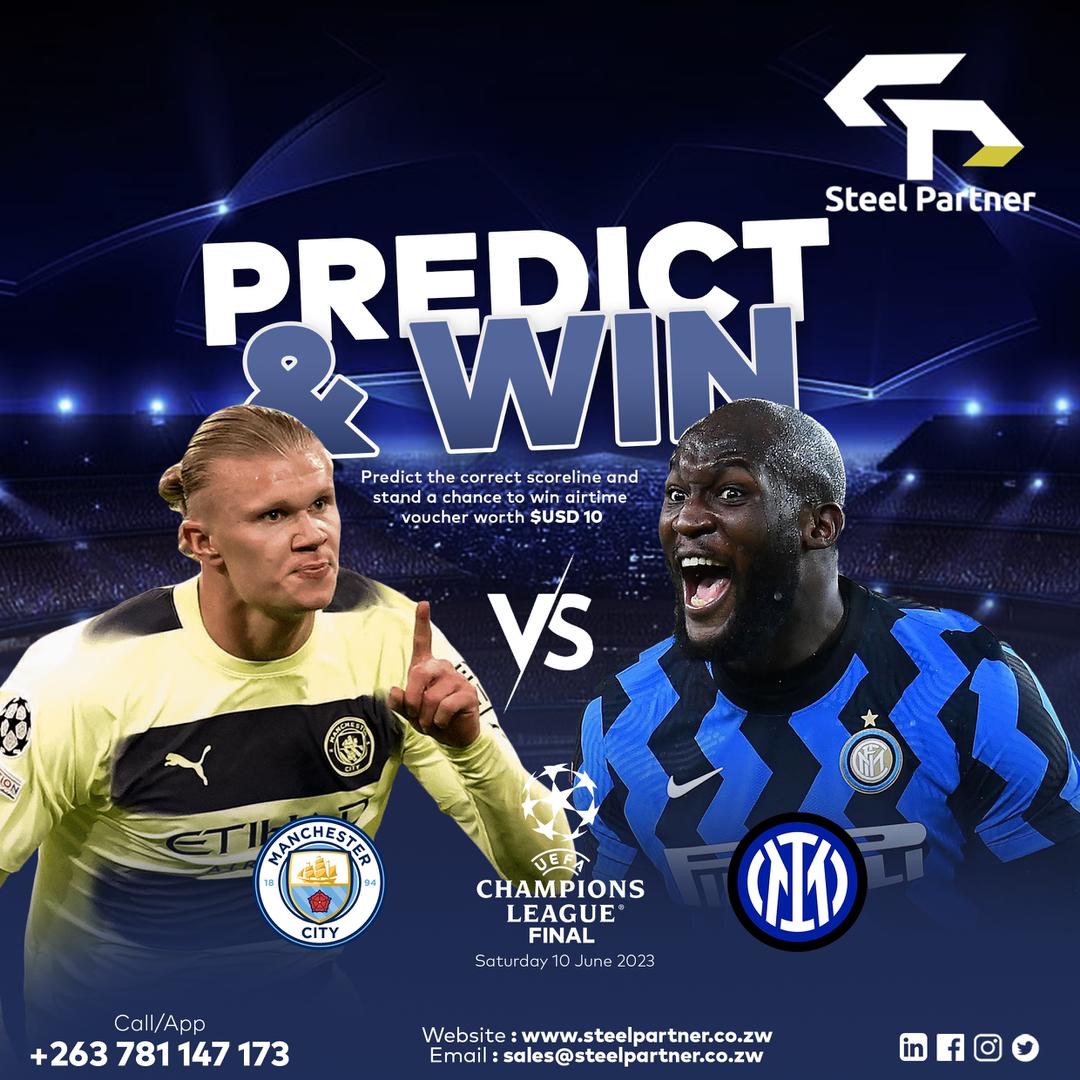 SteelPartnerZw's tweet photo. It’s that time of the year!!! Who will be crown the Champions of European football between Man City and Inter Millan. Predict the correct score and stand a chance to win $10 airtime. Predictions end Saturday at 6pm. Ts&amp;Cs Apply  #steelpartner #PredictNWin https://t.co/bEnv2NStB4