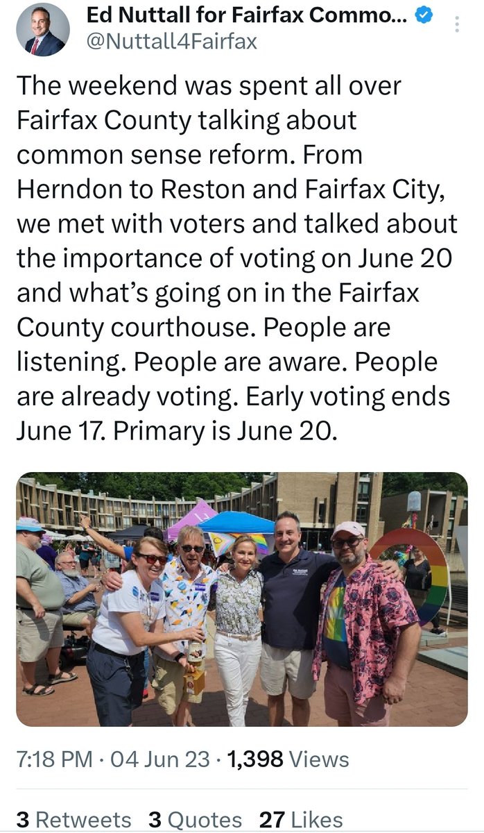 v_theclash's tweet photo. When you attend Reston Pride on the down-low and fail to declare your support for LGBTQIA+ rights, then you *might* not be a Democrat.
Vote for @SteveDescano by June 20th. We all know that "commonsense tickets" NEVER support the rights of all Virginia's.
#DescanoForFairfax https://t.co/M38Gh4BvBI