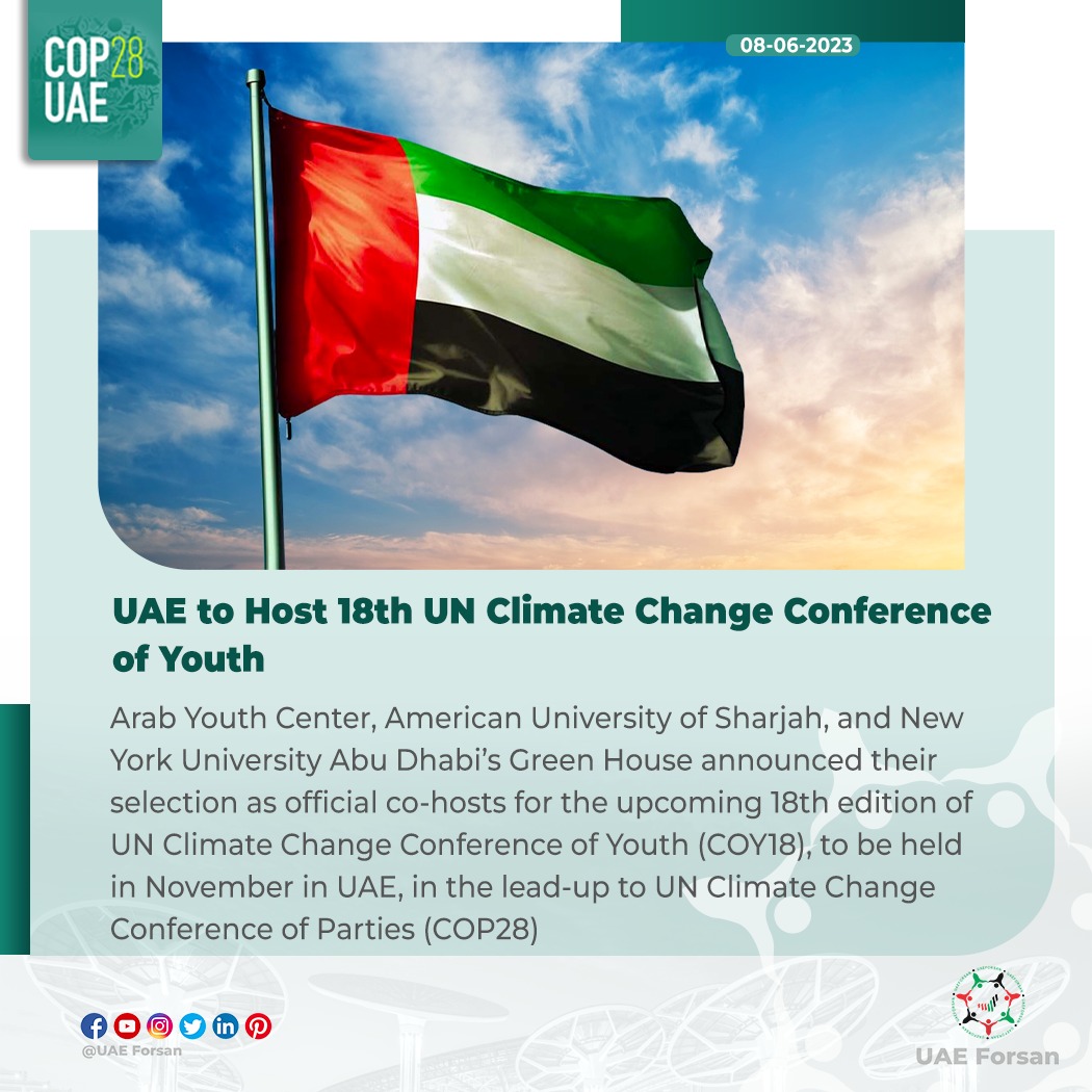 UAE to Host 18th #UN Climate Change Conference of #Youth 
#YearofSustainability #COP28UAE #TodayforTomorrow #COP28 #FoodSecurity #UAE #UNClimateChange #COY18 #AUS #ArabYouthCenter #NYUAD 
@COP28_UAE
@uaeclimateenvoy
@UNFCCC
@UN 
@ArabYouthCenter
@AUSharjah
@NYUAbuDhabi