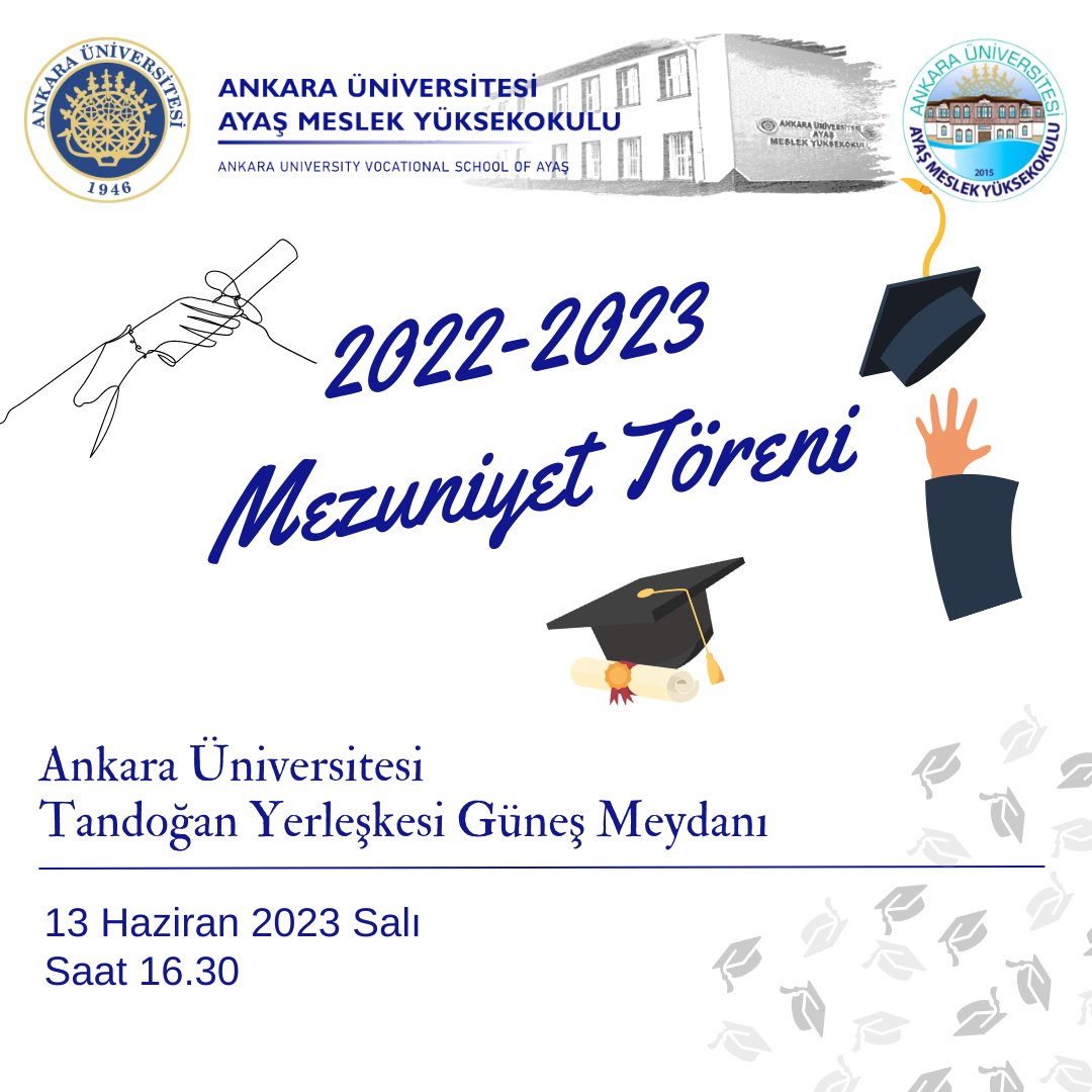 Tarih: 13.06.2023 Saat: 16.30  

Yer: Ankara Üniversitesi Tandoğan Yerleşkesi Güneş Meydanı

2022-2023 Akademik Yılı Mezuniyet Töreni@AnkaraUni