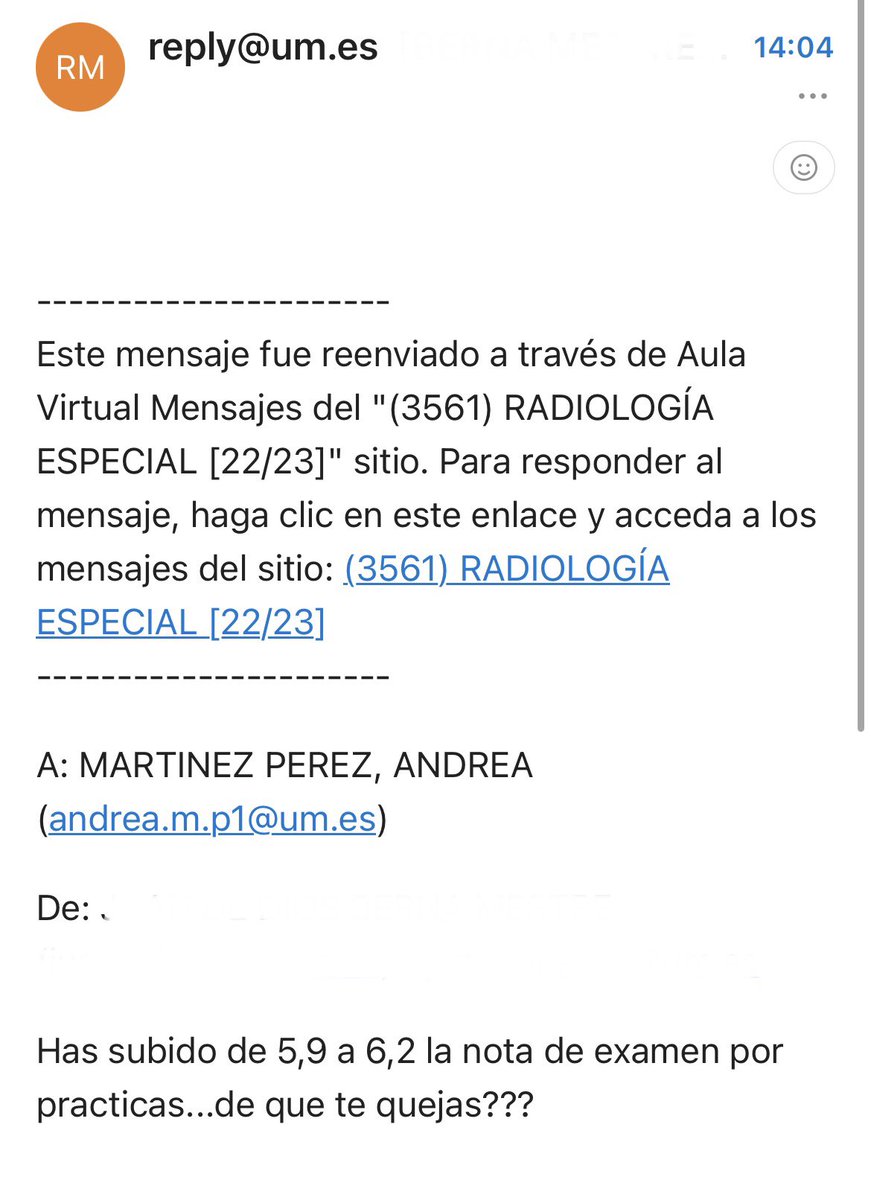 andreaa_mp_'s tweet photo. Le escribo a un profesor muy educadamente simplemente para preguntar acerca de las calificaciones de unos trabajos que contaban la mitad de la nota de una asignatura. No he exigido ni más ni menos, solo si me las podía decir. Esta ha sido su respuesta. @UMU. https://t.co/nbjHGmmPe1