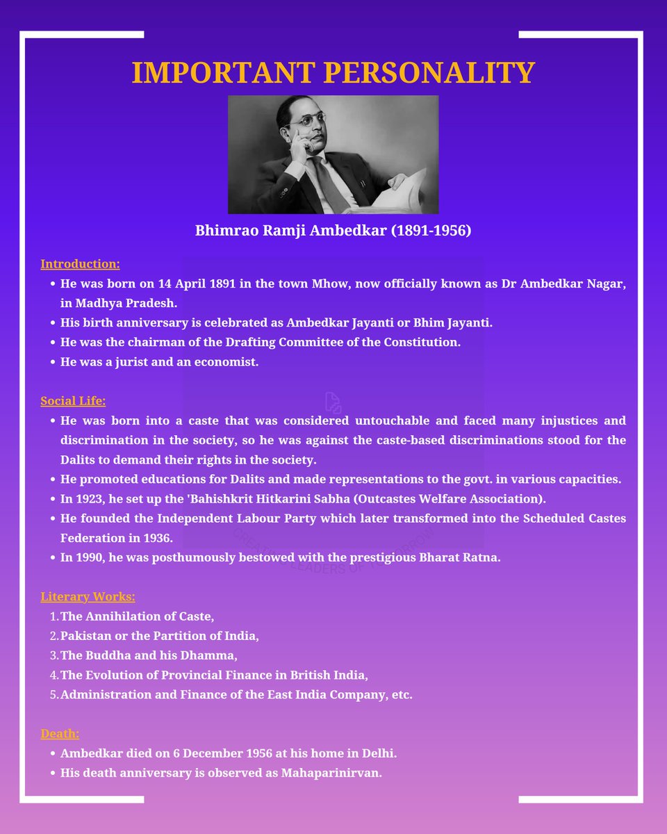 takshashilascs's tweet photo. Important Personality : Bhimrao Ramji Ambedkar (1891 - 1956)
#importantpersonality #brambedkar #takshashilascs #UPSC #IAS #CSAT #IPSAspirant #Ambedkar
