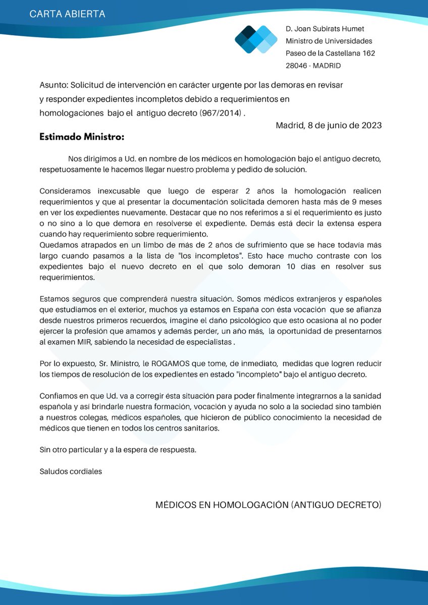 ROMINASEQUEIRO3's tweet photo. Médicos en homologación bajo el antiguocreto (967/2014)  con requerimientos 
@Jerferrera @subirats9 @UniversidadGob @FrenteInterProf @josemariacasas @laSextaTV @MDhomologantes @Psic_Migrantes #homologacionantiguodecreto #faltanmedicos #plandechoque #examenmir #PSOE https://t.co/XgeLOqlmKR