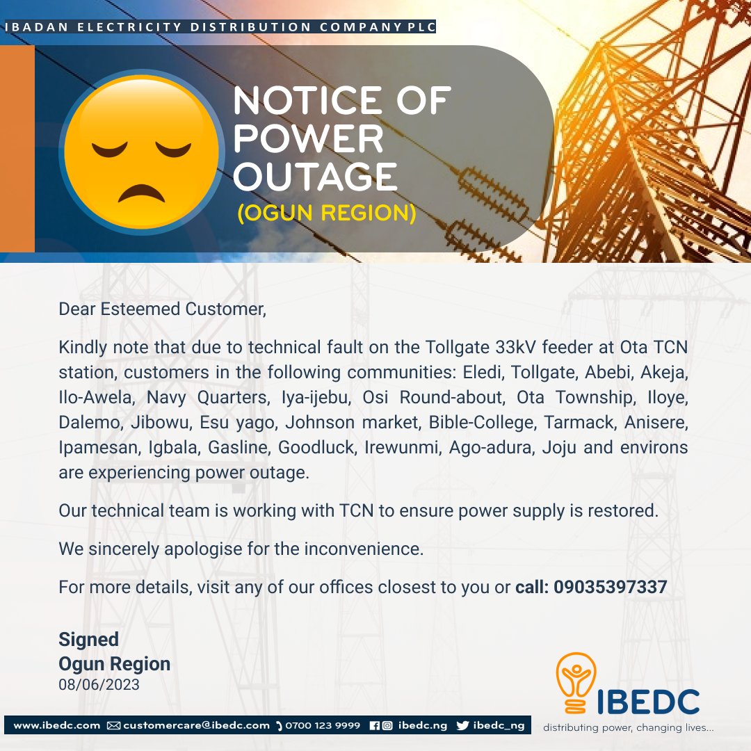 Notice of Power Outage
#ibedc #poweroutage #outage #ogun #technicalfault #notice #distributingpower #changinglives