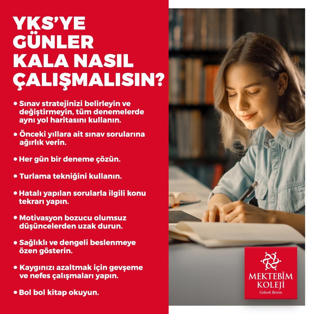 YKS'ye günler kala nasıl çalışmalısın?
#MektebimKoleji #mektebimgelecekbenim #YKS #YKS23 #YKS2023 #Sınav #Üniversite #Ders #Çalışma #Takvim #DenemeSınavı