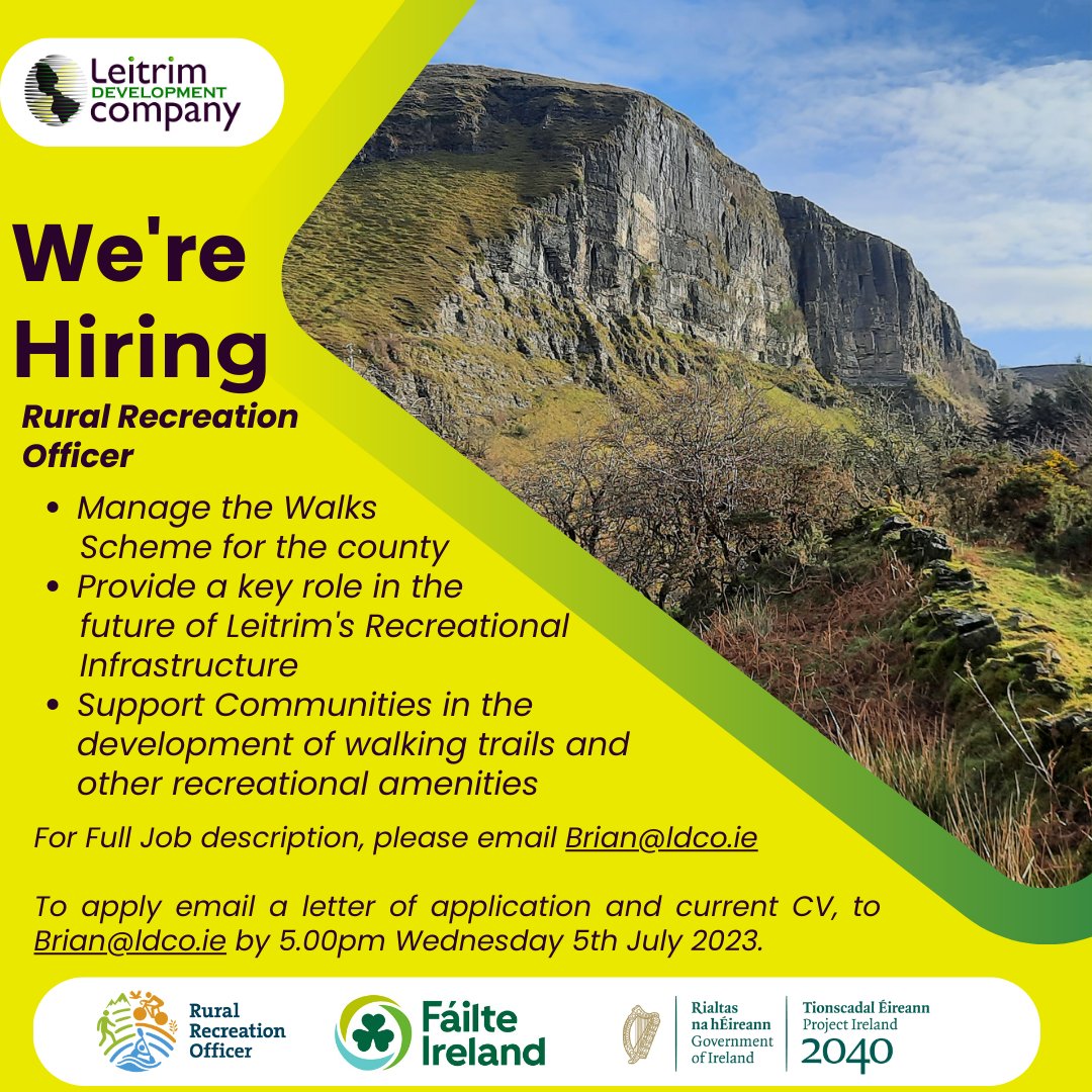 Interested in working on outdoor recreation in #Leitrim we have the ideal job. Applications open for   Rural Recreation Officer (RRO) closing date 5th July. Email brian@ldco.ie for a Job Description <a href="/Failte_Ireland/">Fáilte Ireland</a> @DeptRCD <a href="/theILDN/">Irish Local Development Network</a> <a href="/LeitrimLive/">Leitrim Observer / Leitrim Live</a> <a href="/LeitrimGAA/">Leitrim GAA</a>