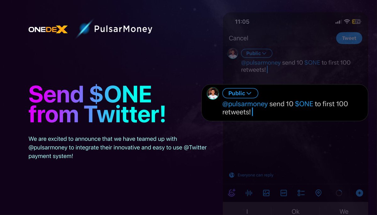 OneDex_X's tweet photo. 📣 OneDex and Pulsar Money

We are excited to announce that we have teamed up with @pulsarmoney to integrate their innovative and easy to use @Twitter payment system! 

🔘 @pulsarmoney send 100 $ONE to the first 100 retweets

✔️ Send $ONE to anyone through their Twitter handle!

✔️ Just set the amount and the number of users who interact with a post and instant payments are sent. Remember to ensure that the prompt is contained within the first 280 characters of your Tweet!!

✔️ The assigned amount will be split equally among users, e.g. 100 $ONE to the first 100 users will be 1 $ONE per user.

✔️ Community building, together = stronger! 

#OwnedByNoOne #OwnedByEveryone @MultiversX #DEX #MultiversXCommuni